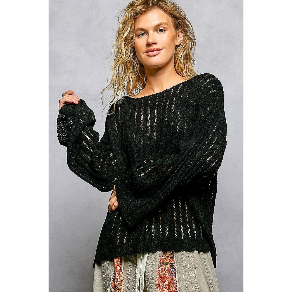 POL Round Neck Long Sleeve Open Weave Sweater - Large